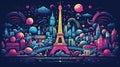 Postcard with night Paris, the Eiffel Tower, geometric neon style