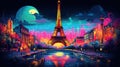 Postcard with night Paris, the Eiffel Tower, river, neon style Royalty Free Stock Photo