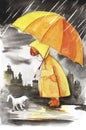 Postcard in the old style. A little girl in a bright yellow raincoat covers a wet kitten from the rain with a large umbrella. Hand