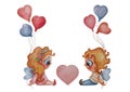 Postcard. A pair of cute angel children - a girl and a boy with balloons and a heart. Watercolor. Hand drawing on white background Royalty Free Stock Photo