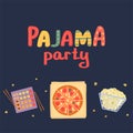 Postcard pajama party. Sushi, pizza, popcorn on a dark background. Vector illustration in freehand drawing style