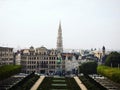 Postcard panorama of Brussels downtown urban center with city hall tower spire from Kunstberg Mont des arts Belgium