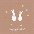 Postcard pattern with pair of cute bunnies or rabbits, circle frame with decorated eggs and tulips and inscription Happy Easter.