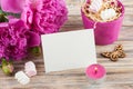 Postcard with peony flowers, sweets Royalty Free Stock Photo