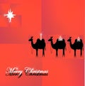 Postcard with picture of three camels with gifts of magi, starry and inscription Merry Christmas Royalty Free Stock Photo