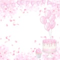 Pink girl's birthday. Invitation, congratulations. Cake, cupcake, balloons. Hand drawn watercolor illustration