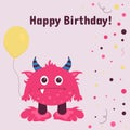Postcard with pink monster with horns, one tooth and big eyes and text Happy Birthday!