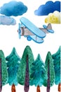 Postcard plane, clouds, coniferous trees.