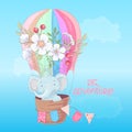 Postcard poster of a cute elephant in a balloon with flowers in cartoon style. Hand drawing.