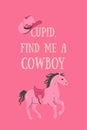Postcard or poster in pink with a horse and a cowboy hat. Vector graphics