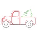 Postcard or poster of a retro auto pickup truck with a Christmas tree in vintage style. New Year. Christmas