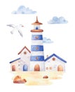 Postcard for print with lighthouse, buildings and seagull in cartoon style. Watercolor illustration.