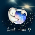 Postcard with quote Sweet home, White bear gently hugs a planet