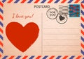 Postcard. Red Heart and words I love you. Air Mail. Postal card