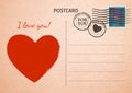 Postcard. Red Heart and words I love you. Postal card illustration for your design. Vintage Postcard. Old paper texture. Vector i Royalty Free Stock Photo