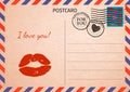 Postcard. Red lips and words I love you. Air Mail. Postal card i Royalty Free Stock Photo