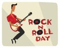 Postcard Rock and roll day. Stylish vintage guy with a guitar