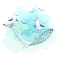 Postcard on the sea theme with cute seagulls floating on a large whale. Graphics and watercolors. Vector