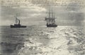 Postcard from a seascape with sailship and steam engine vessel at sea from 1904 Royalty Free Stock Photo