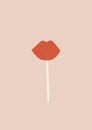 A postcard with a simple sweet red lollipop in the shape of lips