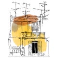 Postcard sketch of authentic house with antennas. Royalty Free Stock Photo