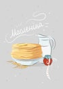 Postcard in the Slavic style in the Belarusian language on Maslenitsa holiday with pancakes, butter, a jug and a jar of