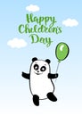 Postcard smiling cartoon bear panda with balloon for children day