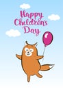 Postcard smiling cartoon fox with balloon for children day