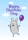 Postcard smiling cartoon hare with balloon for children day