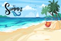 Postcard on a summer theme. Beach, seascape. Summer vacations, relaxation, tourism. Hello summer lettering. Vector stock