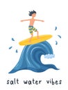 A postcard with a surfer boy rushing on the ocean wave. A happy man on a surfboard. Print on clothes with the words - Salt water