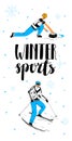 postcard template with curling athlete and skier