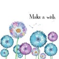 Postcard template or design with watercolor fluffy dandelions, seeds or parachutes fly in the wind. Text make a wish. Hand drawn Royalty Free Stock Photo