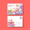 Postcard template with Fairy ballerinas animals concept,watercolor style
