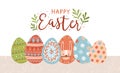 Postcard template with Happy Easter lettering handwritten with calligraphic script and colorful decorated eggs on white