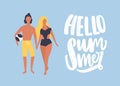 Postcard template with man and woman dressed in beachwear holding hands and walking together and Hello Summer phrase