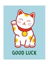 Postcard Template with Maneki Neko Japanese cat. Symbol of good luck, fortune and prosperity. Doodle vector illustration