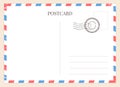 Postcard template. Paper blank postal card backside with stamp and striped frame. Empty vintage mail white letter for