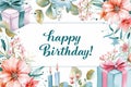 postcard with text happy birthday made of a variety of flowers, candles, gift boxes with large bows in watercolor style Royalty Free Stock Photo