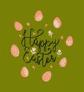 A postcard with the text Happy Easter, eggs, flowers, and hearts. A poster with spring lettering Royalty Free Stock Photo