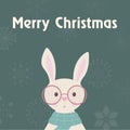 Postcard with text Merry Christmas and cute bunny on glasses and scarf with snowflakes on background