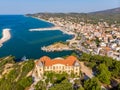 Postcard from Thassos. Aerial view of Limenaria Castle, now abandoned and Limenaria town and port