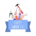 Postcard to the Day of Labor. Working with tools. Ribbon with congratulations.