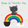 Postcard to the day of St. Patrick. A cute gray kitten in a medallion sits on a rainbow, a bowler hat with gold coins, a bird in a
