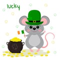 Postcard to the day of St. Patrick. Cute gray mouse in a green leprechaun hat, holds the flag of Ireland, bowler hat with gold