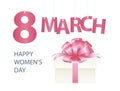 Postcard to 8 March, mother`s day, with Gift box with red bow. International Happy Women`s Day. Royalty Free Stock Photo