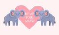 Postcard with two elephants and a heart for February 14 and valetin s day. Valentine s day lettering. Horizontal postcard with the Royalty Free Stock Photo