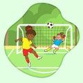 Postcard, two girls soccer players kicking the ball into the soccer goal. Vector in cartoon style, contour flat drawing for Royalty Free Stock Photo