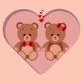 A postcard of two teddy bears in love sits on a paper cut big heart. The concept of Valentine Day. Flat vector Royalty Free Stock Photo