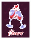Postcard with two wine glasses in cartoon style. Poster with cheers, splashing and hearts. Vector illustration. Royalty Free Stock Photo
